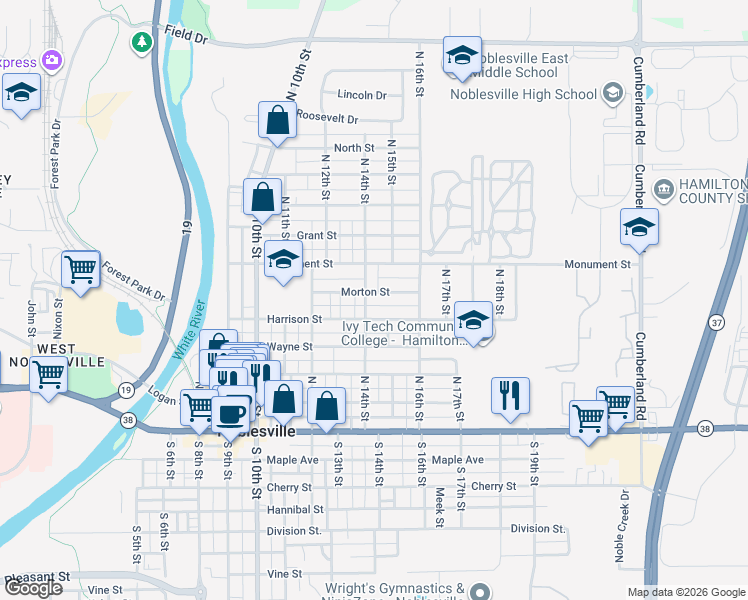 map of restaurants, bars, coffee shops, grocery stores, and more near 1443 Morton Street in Noblesville