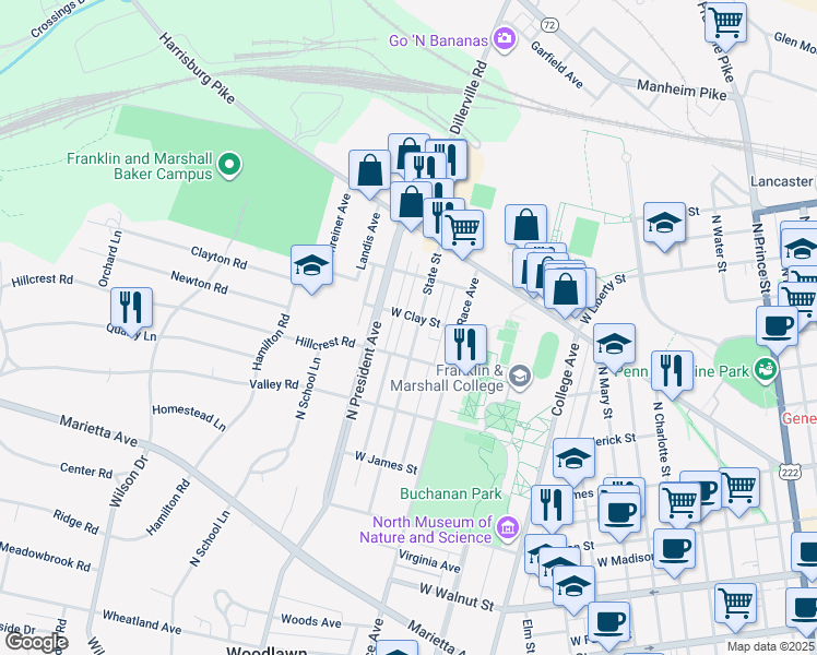 map of restaurants, bars, coffee shops, grocery stores, and more near 730 State Street in Lancaster