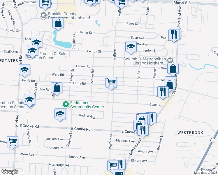 map of restaurants, bars, coffee shops, grocery stores, and more near 1977 Ferris Road in Columbus