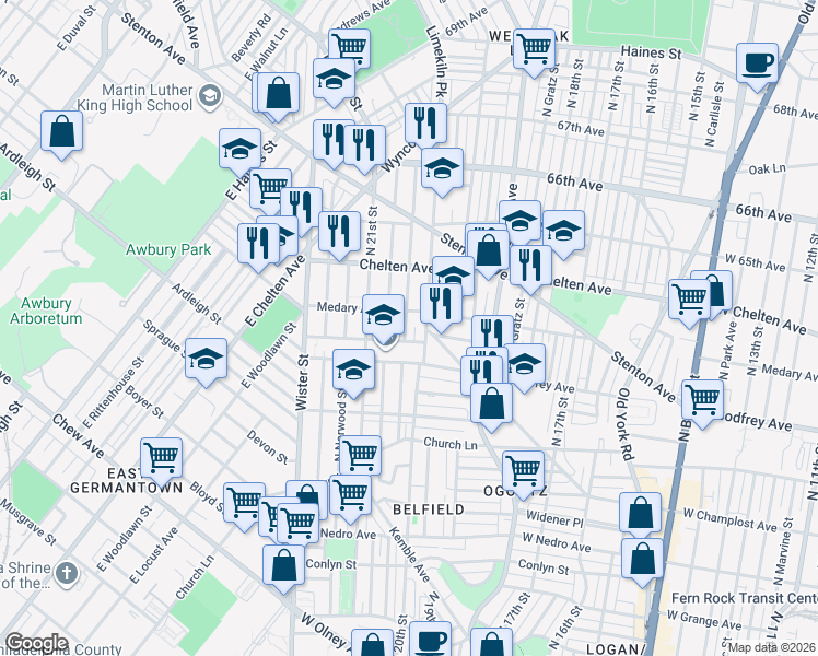 map of restaurants, bars, coffee shops, grocery stores, and more near 6243 North Lambert Street in Philadelphia