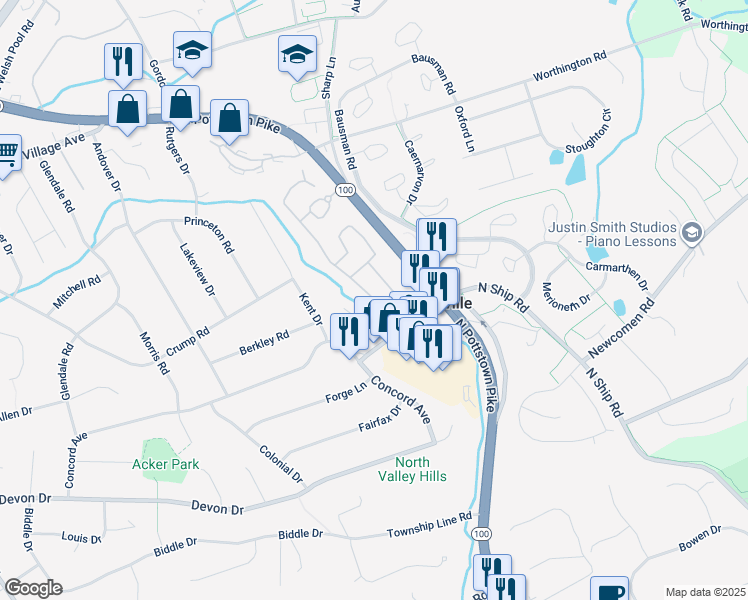 map of restaurants, bars, coffee shops, grocery stores, and more near 34 Heritage Lane in Exton