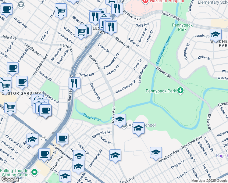map of restaurants, bars, coffee shops, grocery stores, and more near 7800 Brocklehurst Street in Philadelphia