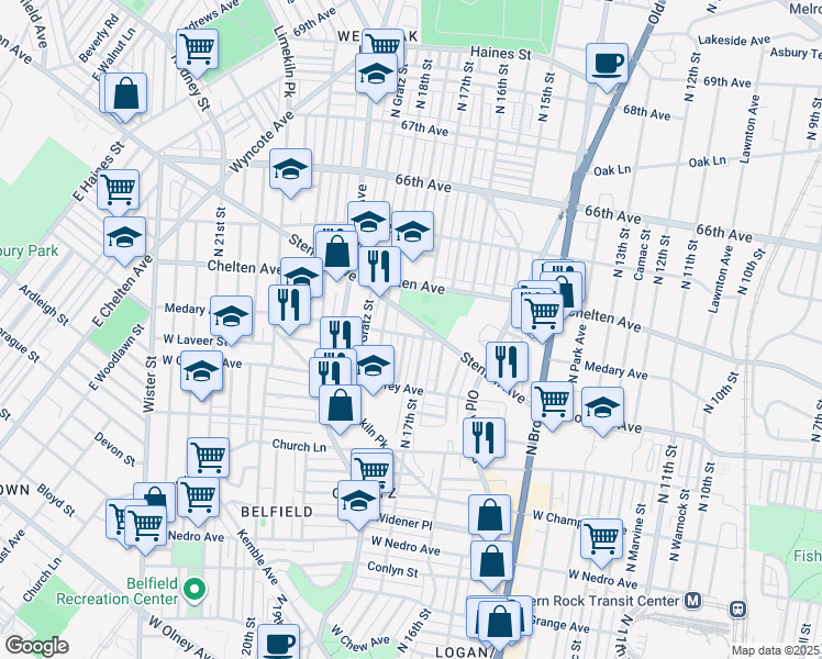 map of restaurants, bars, coffee shops, grocery stores, and more near 1708 Stenton Avenue in Philadelphia