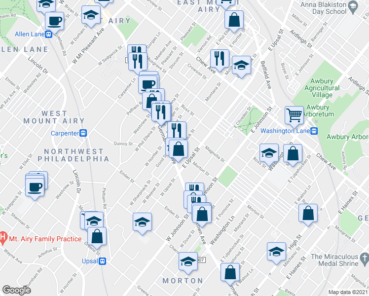 map of restaurants, bars, coffee shops, grocery stores, and more near 42 East Sharpnack Street in Philadelphia