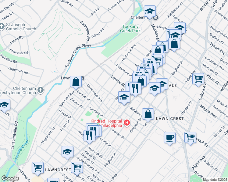 map of restaurants, bars, coffee shops, grocery stores, and more near 6307 Shelbourne Street in Philadelphia