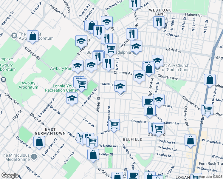 map of restaurants, bars, coffee shops, grocery stores, and more near 6237 North Norwood Street in Philadelphia
