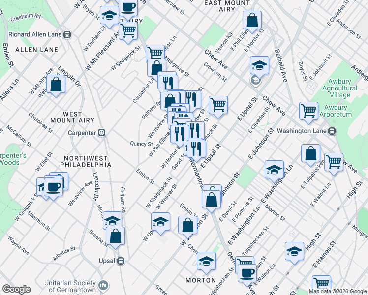 map of restaurants, bars, coffee shops, grocery stores, and more near 6552 Germantown Avenue in Philadelphia