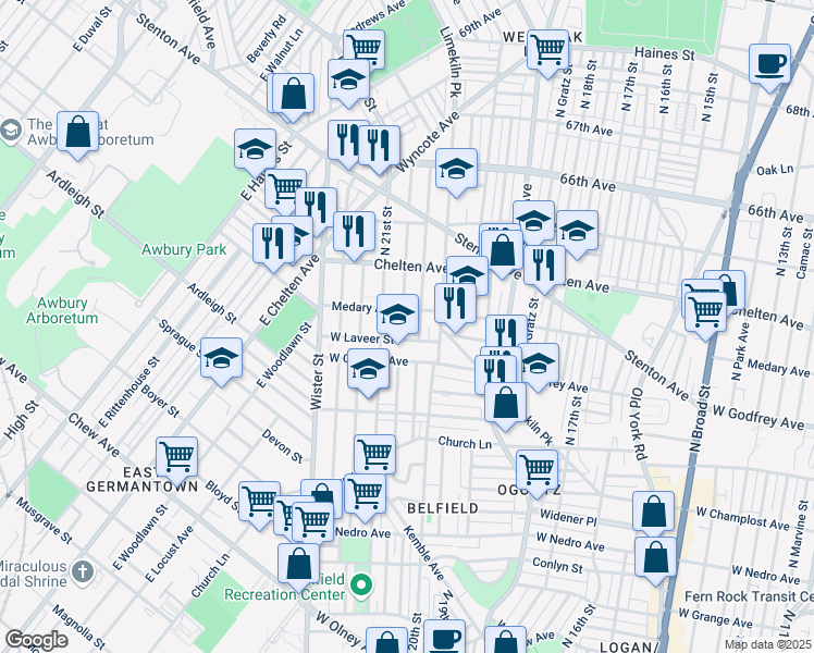 map of restaurants, bars, coffee shops, grocery stores, and more near 6241 North Lambert Street in Philadelphia