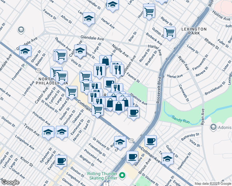 map of restaurants, bars, coffee shops, grocery stores, and more near 2308 Vista Street in Philadelphia