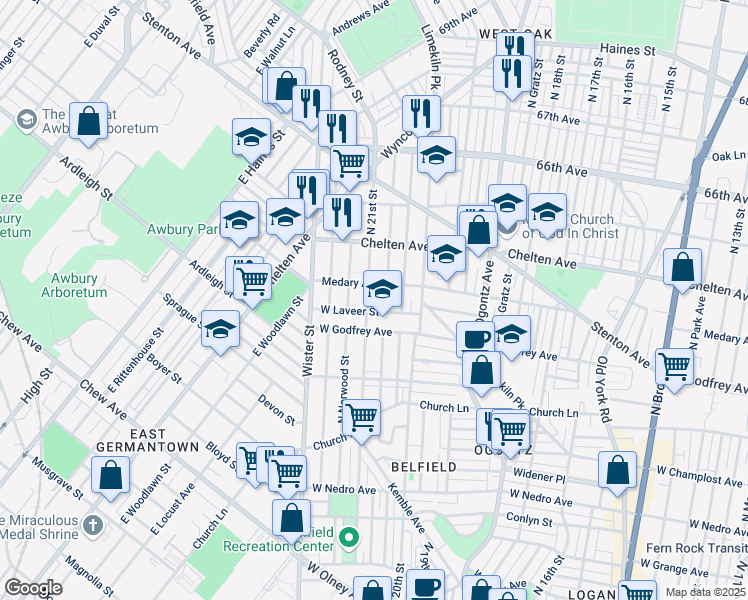 map of restaurants, bars, coffee shops, grocery stores, and more near 6239 North 21st Street in Philadelphia