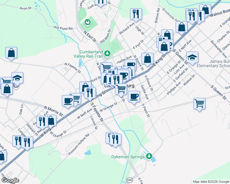 map of restaurants, bars, coffee shops, grocery stores, and more near 34 West King Street in Shippensburg