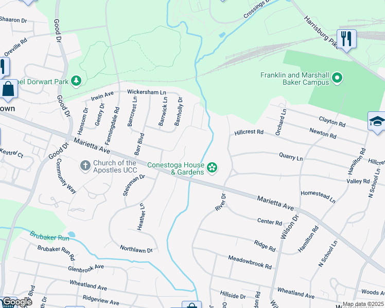 map of restaurants, bars, coffee shops, grocery stores, and more near 1703 Marietta Avenue in Lancaster