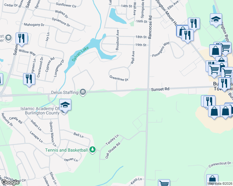 map of restaurants, bars, coffee shops, grocery stores, and more near 401 Sunset Road in Burlington