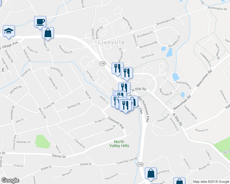map of restaurants, bars, coffee shops, grocery stores, and more near 74 Coach Lane in Exton