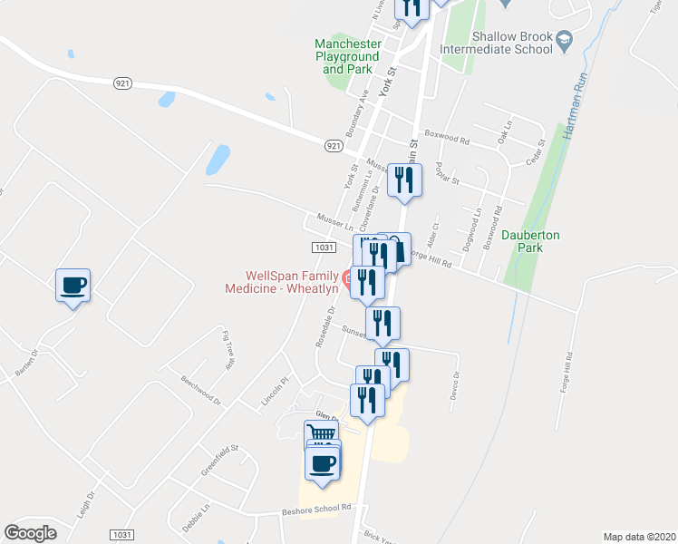 map of restaurants, bars, coffee shops, grocery stores, and more near 250 Rosedale Drive in Manchester