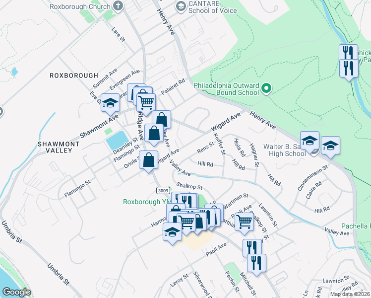 map of restaurants, bars, coffee shops, grocery stores, and more near 555 Wigard Avenue in Philadelphia