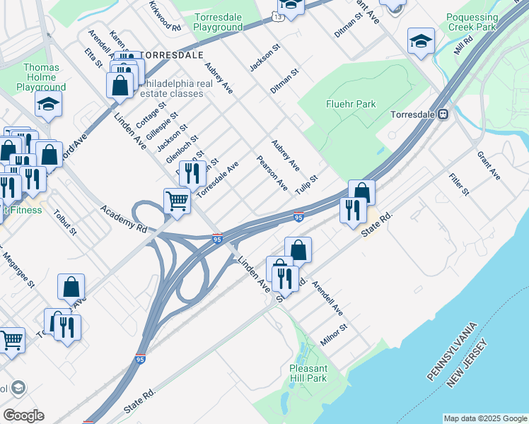 map of restaurants, bars, coffee shops, grocery stores, and more near 9318R Tulip Street in Philadelphia
