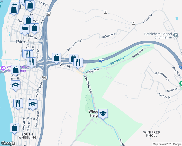 map of restaurants, bars, coffee shops, grocery stores, and more near 92 Valley Boulevard in Wheeling