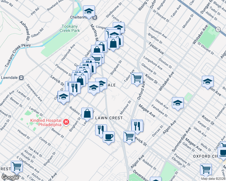 map of restaurants, bars, coffee shops, grocery stores, and more near 633 Gilham Street in Philadelphia