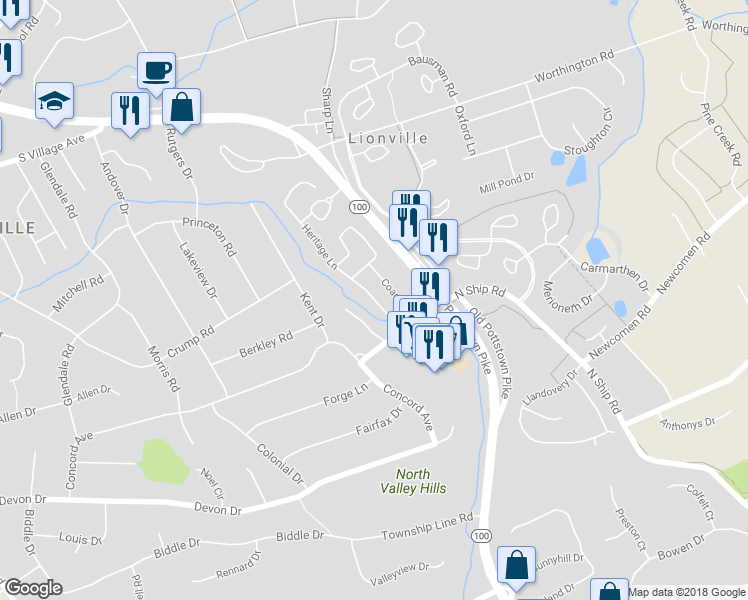 map of restaurants, bars, coffee shops, grocery stores, and more near 36 Heritage Lane in Exton