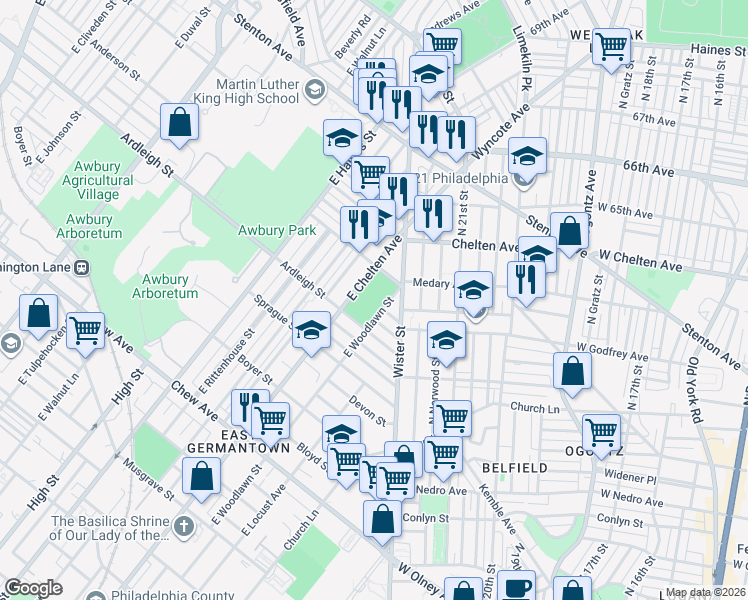 map of restaurants, bars, coffee shops, grocery stores, and more near 1100 East Woodlawn Street in Philadelphia