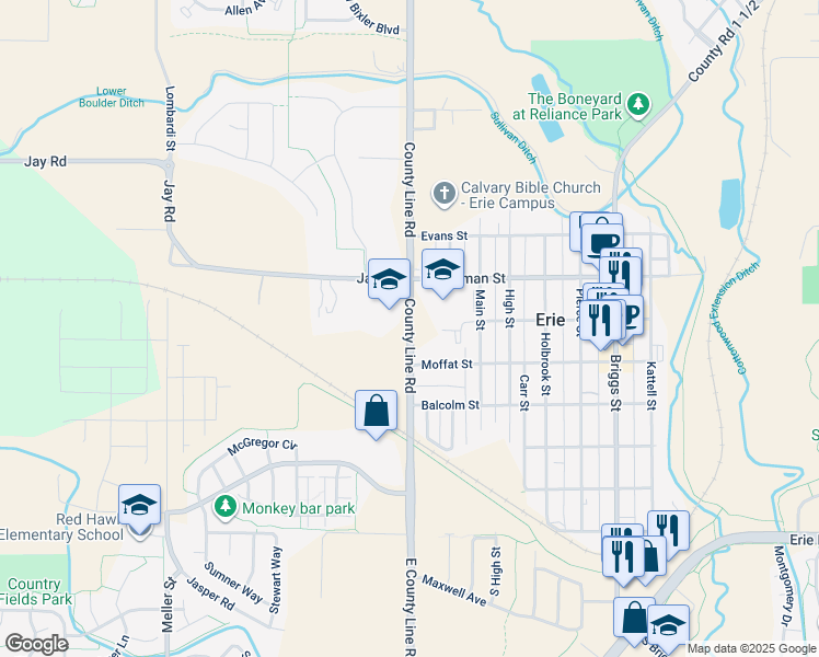 map of restaurants, bars, coffee shops, grocery stores, and more near East County Line Road in Erie