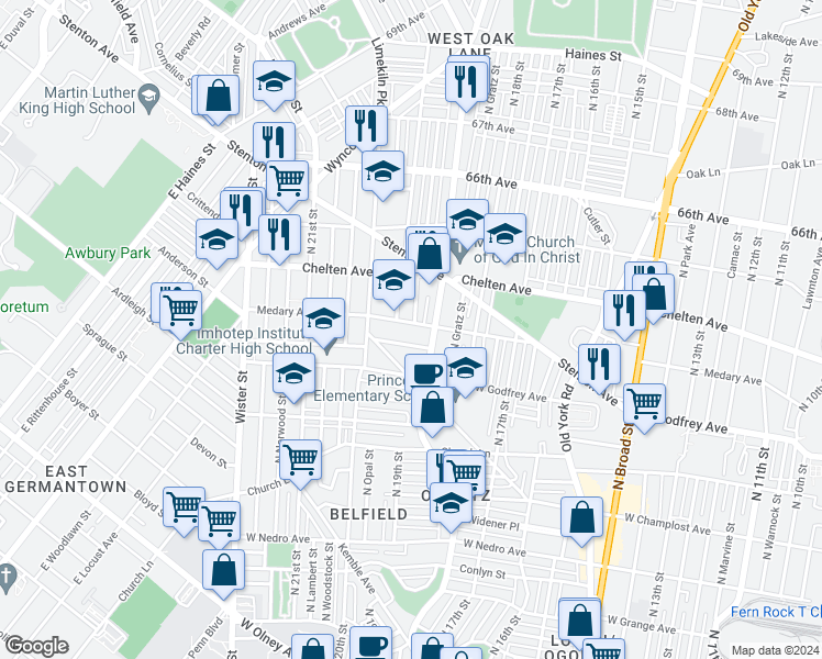map of restaurants, bars, coffee shops, grocery stores, and more near 1924 Medary Avenue in Philadelphia
