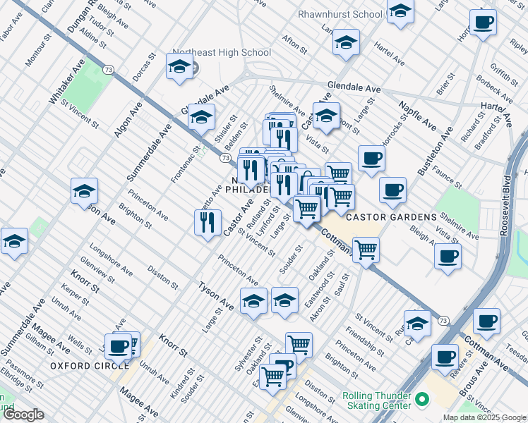 map of restaurants, bars, coffee shops, grocery stores, and more near 7261 Rutland Street in Philadelphia