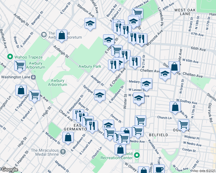 map of restaurants, bars, coffee shops, grocery stores, and more near 1105 East Chelten Avenue in Philadelphia