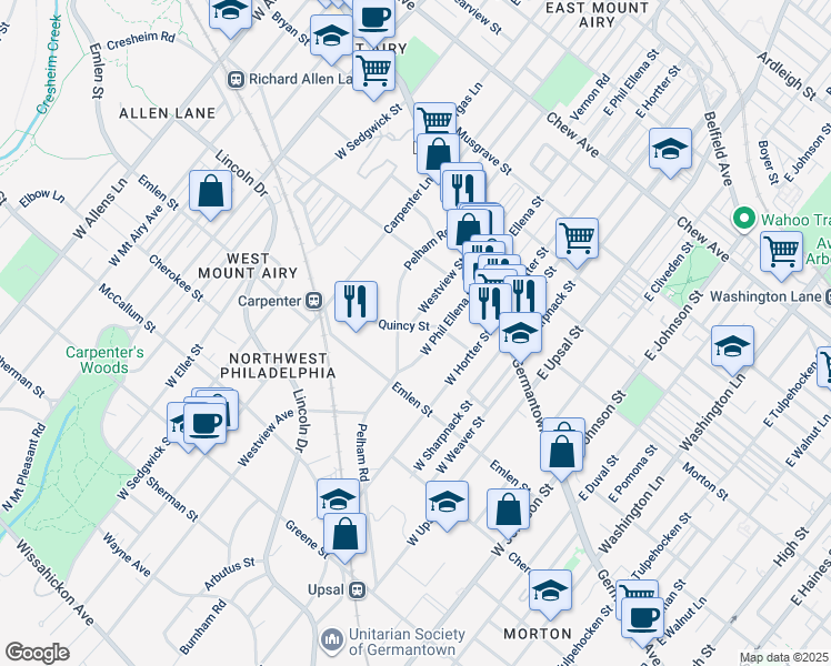 map of restaurants, bars, coffee shops, grocery stores, and more near 6720 Quincy St in Philadelphia