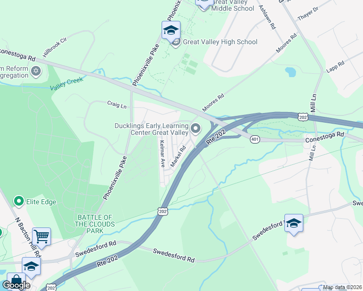 map of restaurants, bars, coffee shops, grocery stores, and more near 24 Markel Road in Malvern
