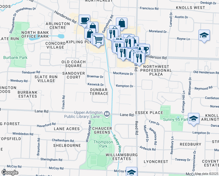 map of restaurants, bars, coffee shops, grocery stores, and more near 1943 Keswick Drive in Columbus