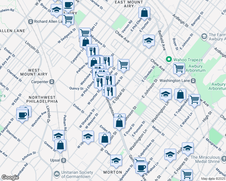 map of restaurants, bars, coffee shops, grocery stores, and more near 42 East Sharpnack Street in Philadelphia