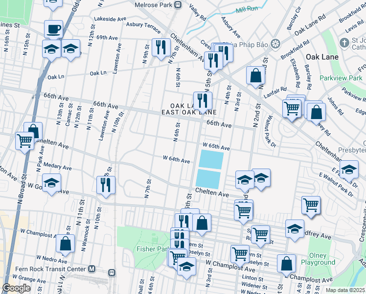 map of restaurants, bars, coffee shops, grocery stores, and more near 6422 North Fairhill Street in Philadelphia