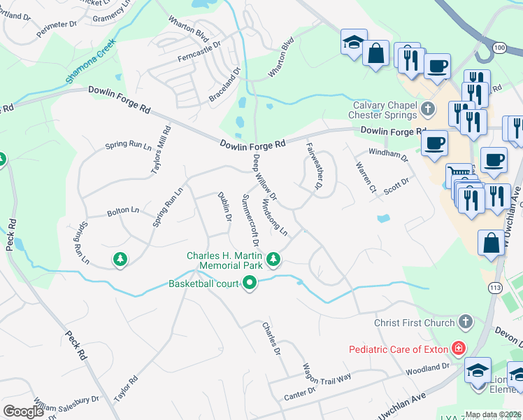 map of restaurants, bars, coffee shops, grocery stores, and more near 413 Windsong Lane in Exton