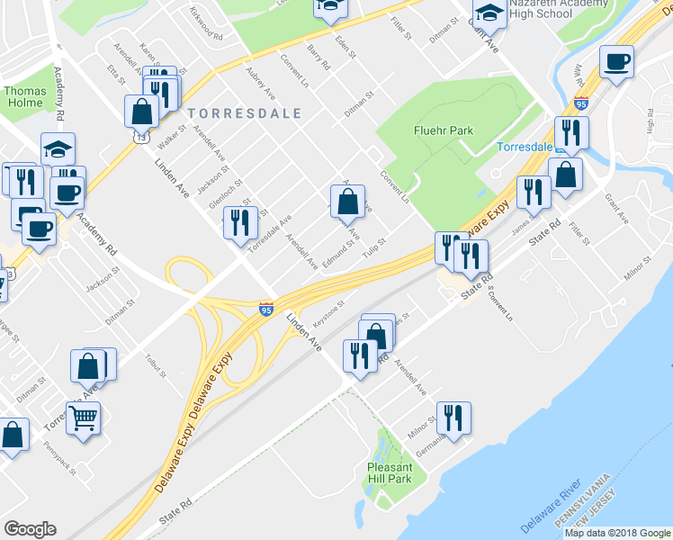 map of restaurants, bars, coffee shops, grocery stores, and more near 9314 Tulip Street in Philadelphia