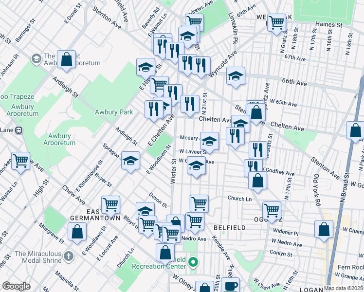 map of restaurants, bars, coffee shops, grocery stores, and more near 6238 North Beechwood Street in Philadelphia