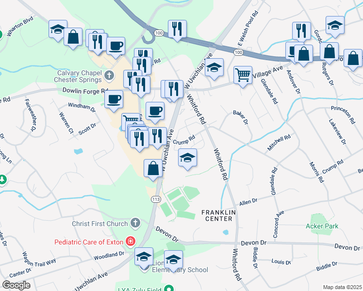 map of restaurants, bars, coffee shops, grocery stores, and more near 1099 South Severgn Drive in Exton