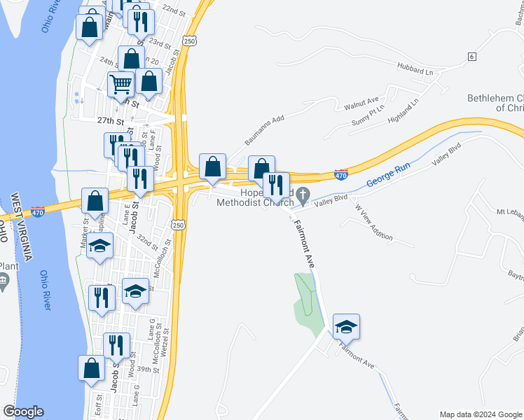 map of restaurants, bars, coffee shops, grocery stores, and more near 212 Pierce Street in Wheeling