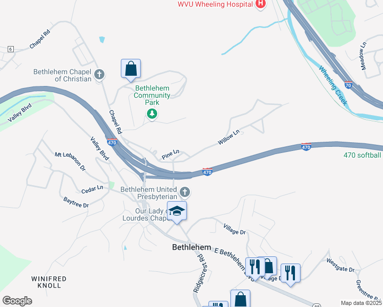 map of restaurants, bars, coffee shops, grocery stores, and more near 22 Chapel Road in Wheeling