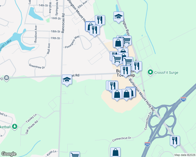 map of restaurants, bars, coffee shops, grocery stores, and more near 111 Sunset Road in Burlington
