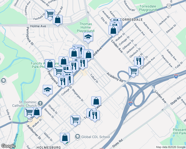 map of restaurants, bars, coffee shops, grocery stores, and more near 4430 Aberdale Road in Philadelphia