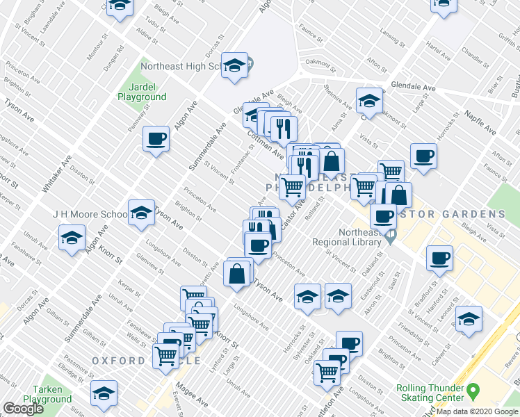 map of restaurants, bars, coffee shops, grocery stores, and more near 1400 Saint Vincent Street in Philadelphia