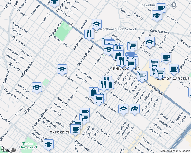map of restaurants, bars, coffee shops, grocery stores, and more near 1313 Princeton Avenue in Philadelphia