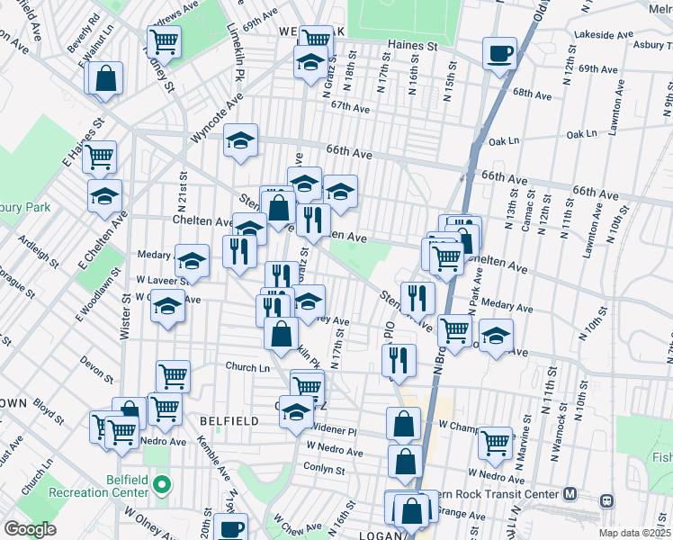 map of restaurants, bars, coffee shops, grocery stores, and more near 1714 Stenton Avenue in Philadelphia
