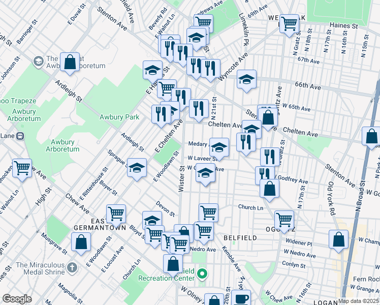 map of restaurants, bars, coffee shops, grocery stores, and more near 6238 North Beechwood Street in Philadelphia