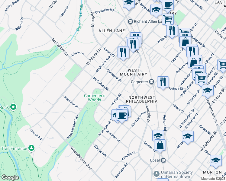 map of restaurants, bars, coffee shops, grocery stores, and more near 461 West Ellet Street in Philadelphia