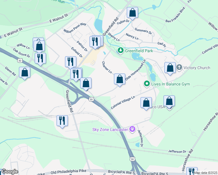 map of restaurants, bars, coffee shops, grocery stores, and more near in EAST LANCASTER