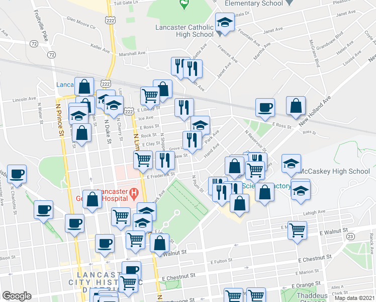 map of restaurants, bars, coffee shops, grocery stores, and more near 701 North Plum Street in Lancaster