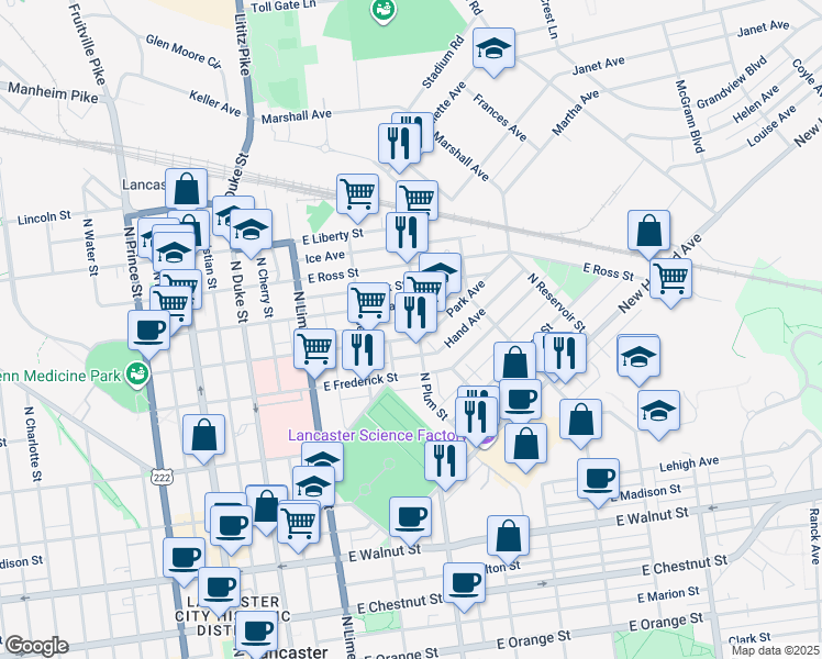 map of restaurants, bars, coffee shops, grocery stores, and more near 701 North Plum Street in Lancaster